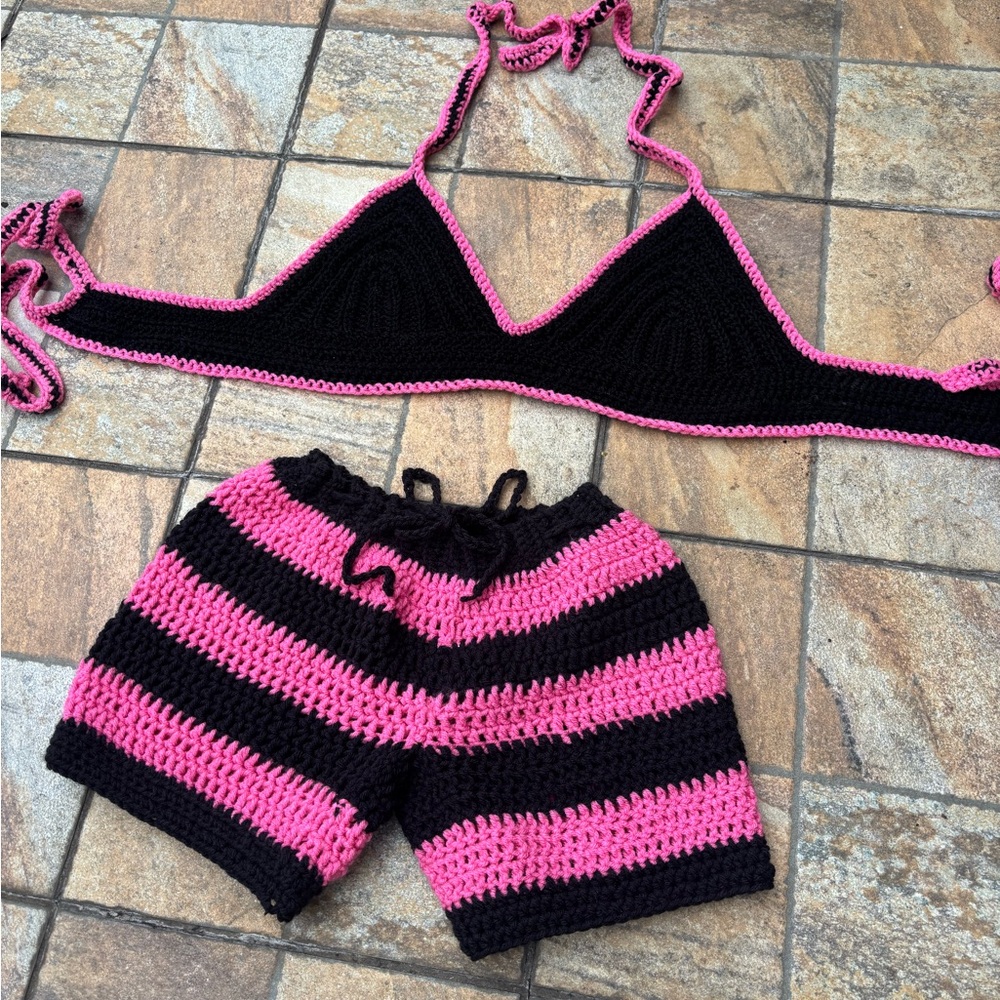 Handmade Black & Hot Pink Crochet Bikini Top and Striped Shorts Set